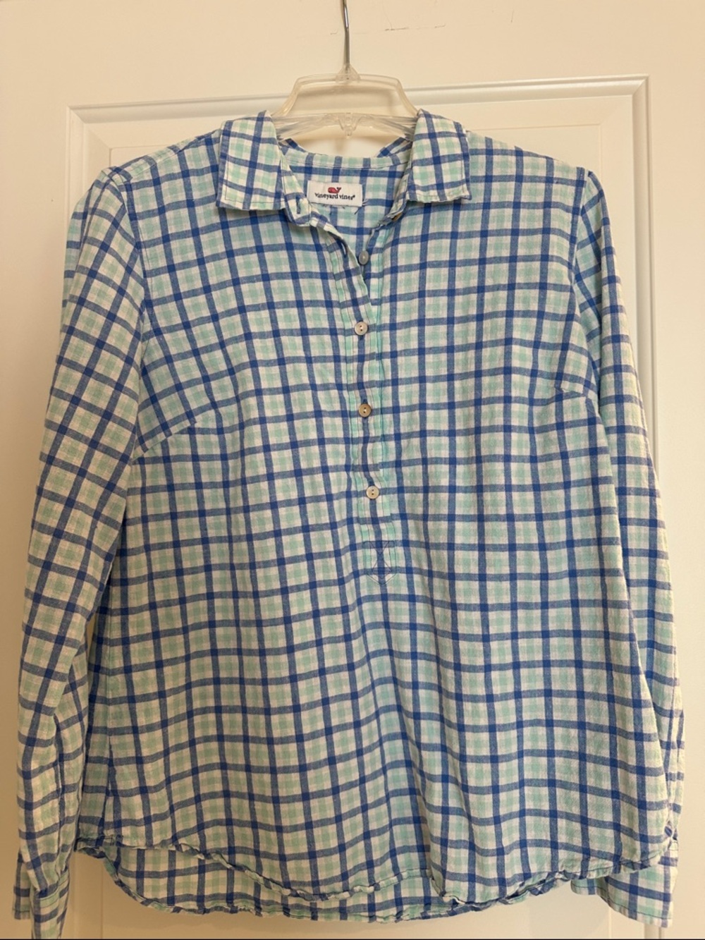 Vineyard Vines Blue and Green Plaid Button-Up Blouse